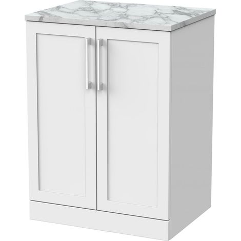Stonnall Traditional Floor Standing 2 Door Vanity Unit with Carrera Marble Laminate Worktop, 600mm, Matt White