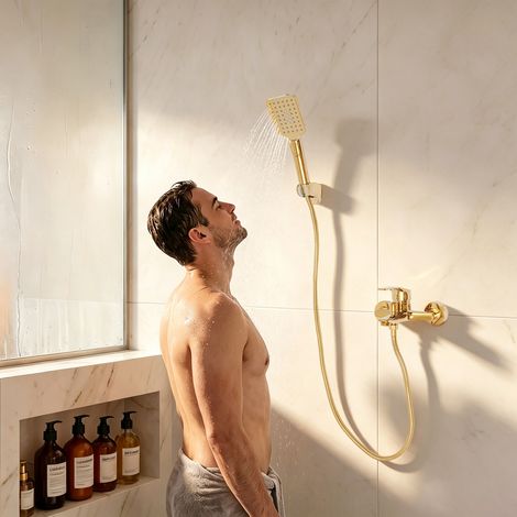 Ensemble de douche à main doré, ensemble de douche, mitigeur de baignoire à poignée unique, avec support de douchette et flexible de douche de 1,5 m, en laiton (1/5)