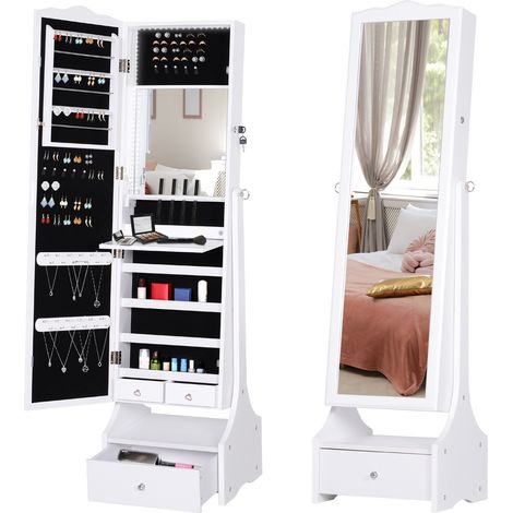 Jewellery Cabinet with led, mirroir Cabinet Armoire Floor Standing Flip-over Makeup Shelf Organizer with lock white