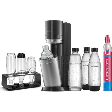 SodaStream Gasatore Duo Comfort, Set con Cilindro CO2, Vetro da 1 l, 2 Bottiglie di plastica Lavabili in lavastoviglie e portabottiglie sittico, Altezza: 44 cm, Colore: Titanio (1/5)
