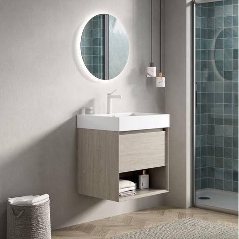 Meuble salle bain 55 cm vasque résine chêne clair HAVRYA (1/5)