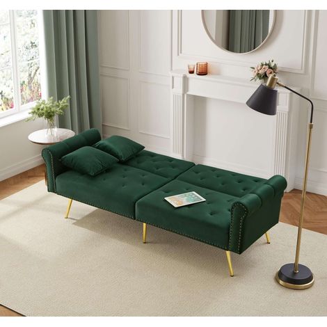 Canapé convertible 2 places en velours vert antique, dossier réglable 3 positions, pieds métal doré, couchage 147x85 cm (1/5)