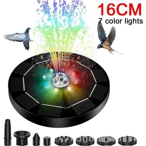 Fontaine solaire (16 cm avec éclairage) pour jardin extérieur, avec jet d'eau automatique et lumières LED. Idéale pour cour, bassin, abreuvoir à oiseaux. (1/5)