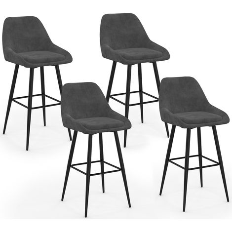 Idmarket – Lot de 4 tabourets de bar en velours gris foncé – Demi-accoudoirs – Hauteur d'assise 65 cm – Pieds en métal noir – Design contemporain
