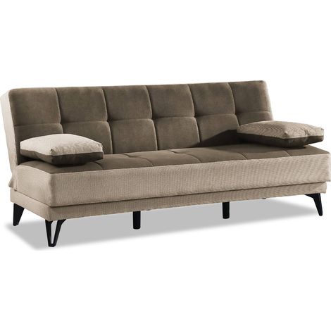 Dmora - Canapé Dfortin, Canapé 3 places avec pieds en métal noir, Canapé de salon en tissu rembourré avec ouverture clic-clac, 190x87h97 cm, Gris et Marron