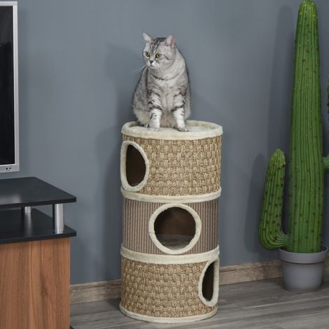 Griffoir en forme de tonneau PawHut pour chat, 70 cm de haut, Ø 37,5 cm, tonneau à 3 niveaux avec corde en sisal, niche en peluche, griffoir pour grands chats, kaki et café (1/5)