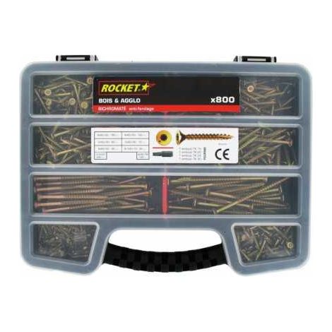 Rocket – Mallette de 800 vis à bois TORX – Acier bichromaté – Tête fraisée – Filetage partiel – Pointe anti-fendage – 4 embouts inclus