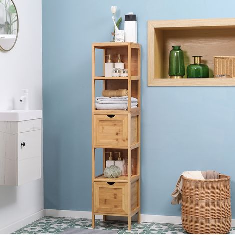 Mueble de baño de bambú con 3 nichos y 2 cajones, 30 x 30 x 140 cm, natural DESVIAE (1/5)
