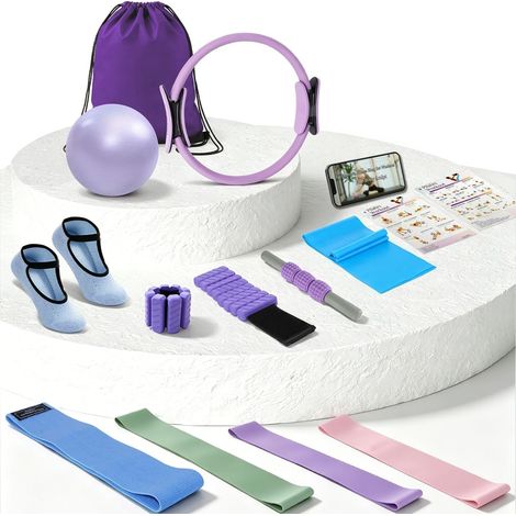 Kit Pilates Femmes 13 pcs : Anneau 14", Mini Ballon, Poids Chevilles/Poignets 2 LB, Bandes résistance, Corps tonifié, Parfait débutantes (1/5)