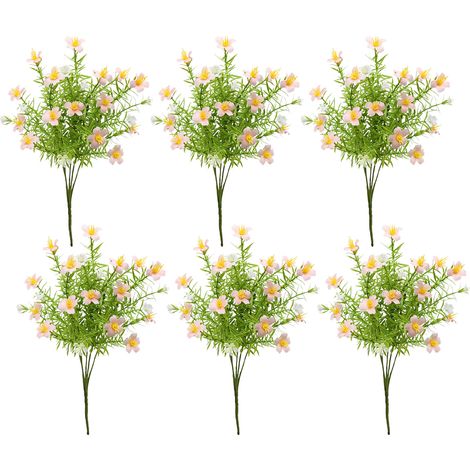 【Marguerite - Rose AHB1953-230-5】Lot de 6 fleurs artificielles, marguerites à 5 branches, composition florale avec graminées, décoration rustique pour la maison (1/3)