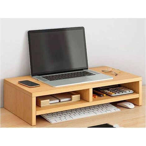 UlisemSupport de moniteur en bois, support de moniteur d'ordinateur, organisateur de bureau, étagère de moniteur multifonctionnelle avec compartiment de rangement, double couche couleur bois (1/4)