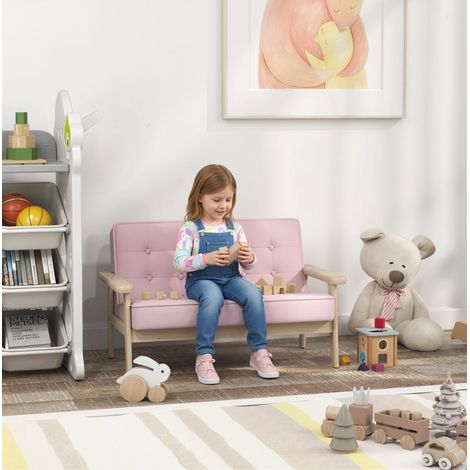 Sofá infantil 2 plazas con estructura de madera y acabado terciopelo, rosa, 77 x 42 x 48 cm HAVRYA (1/5)