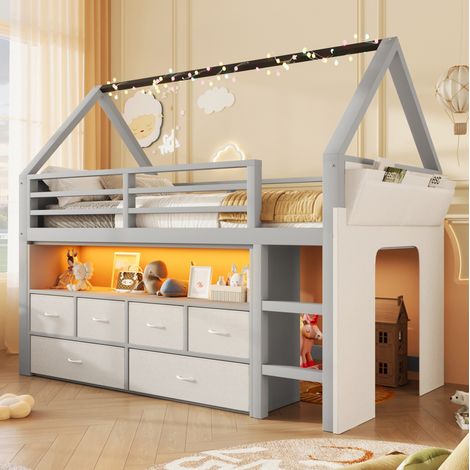 MODFU – Cama alta tipo cabaña infantil 90x200 cm con LED, 6 cajones de tela, cortina, bolsillo de almacenamiento, madera gris (1/5)