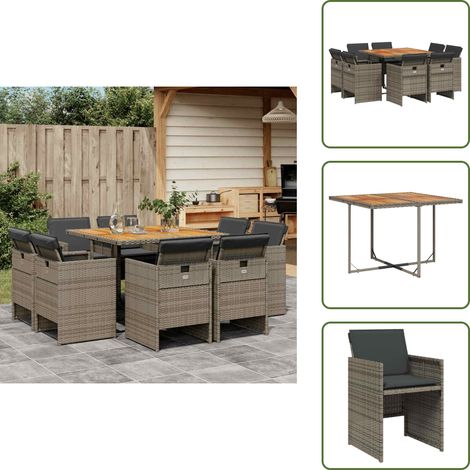 9-tlg. Garten-Essgruppe mit Kissen Grau Poly Rattan - Gartengestell - Gartenmöbelset - Outdoor Möbel - Terrassenmöbel - Esstisch (1/5)
