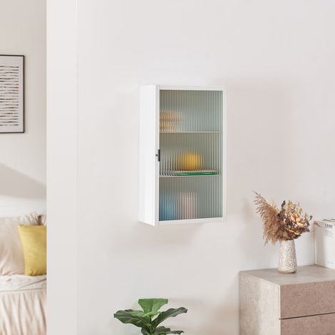 Hängeschrank Zundert mit geriffelter Glastür 60x35x15 cm Stahl Weiß [en.casa]