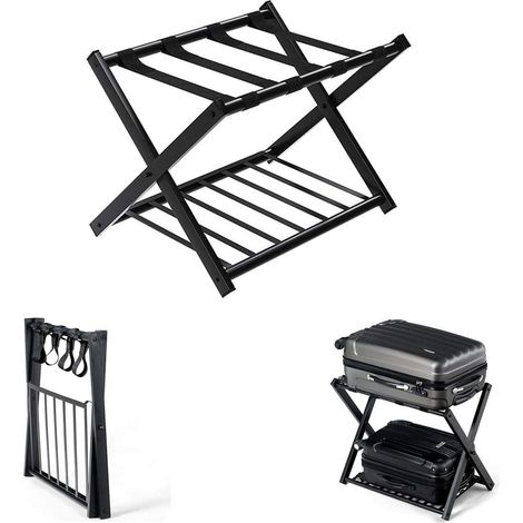 Costway – Support de bagages pliable 68x43x58 cm – 2 étagères avec 4 sangles en métal noir – Capacité 60kg pour chambre et hôtel