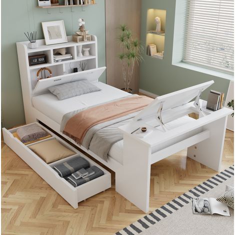 Einzelbett 90x200 cm weiß aus Holz mit Stauraum, Klapptisch und verstellbarer Tischplatte (1/5)