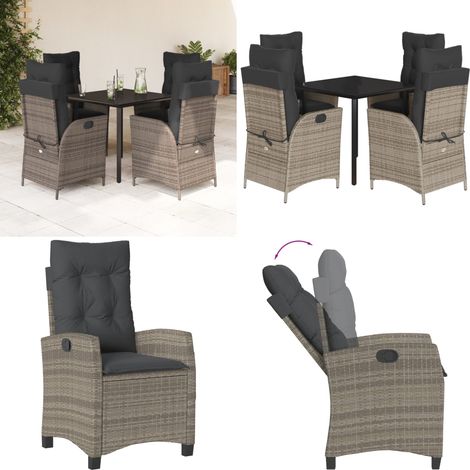 Set da Pranzo da Giardino 5 pz con Cuscini in Polyrattan Grigio - Sedie da giardino reclinabili - Tavolo da giardino