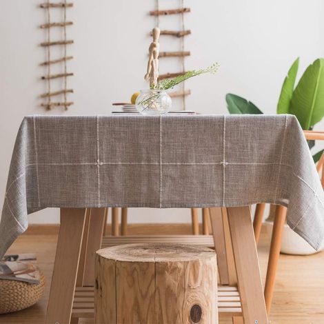 Nappe en lin et coton pour tables rectangulaires, nappe brodée à motif à carreaux pour la décoration de la table de cuisine et de salle à manger (135x180 cm, grise) (1/5)