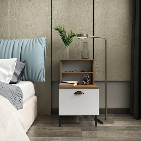 Decorotika Cressi Nightstand With Cabinet  Side End Table With Shelves Space Saver Modern Night Table  Metal Leg Side Table- Walnut Pattern And  Blanc (1/4)