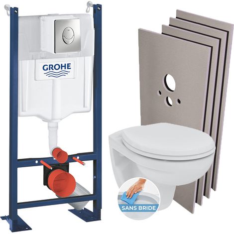 Grohe Pack WC Bâti autoportant + Cuvette Porcher rimless + Abattant + Plaque chrome + Set Habillage (ProjectPorcher-2-sabo) (1/5)