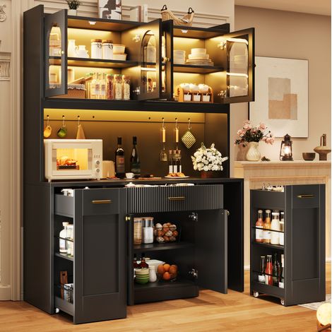 Armario alto de cocina 120 cm con LED RGB, 3 vitrinas de cristal y cajones, negro (1/5)