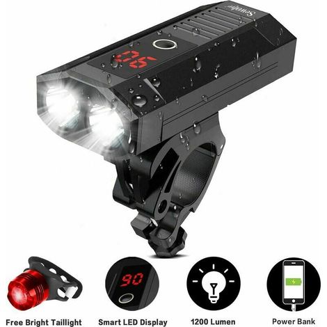 Lampe Velo LED Puissantes, Eclairage Velo de 1200 Lumens avec Écran à LED et Fonction de Batterie Externe, Lampe VTT LED Velo Etanche (1/5)