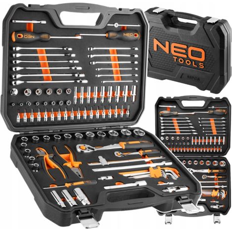 NEO TOOLS VALISE À OUTILS 95 PIÈCES - COFFRET DE DOUILLES PROFESSIONNEL AVEC CLIQUETS 90T, JEU DE CLÉS MIXTES, INSERT EN MOUSSE