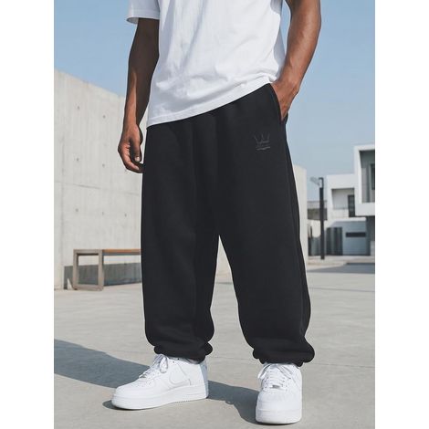 Pantaloni da tuta larghi da uomo Jigga Wear con ricamo a corona, neri, taglia L (1/5)