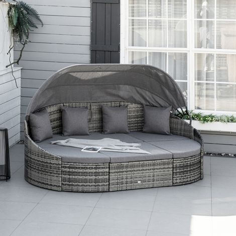 Ensemble de jardin lounge en métal 4 places gris, 4 pièces en rotin PE avec baldaquin rétractable et coussins déhoussables (1/5)