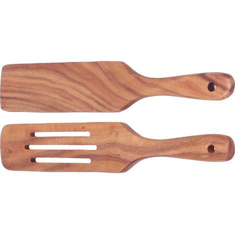 2 Stück geschlitzte Pfannenwender, einfache Holzspatel mit langem Griff zum Kochen und Mischen von Salaten (1/5)