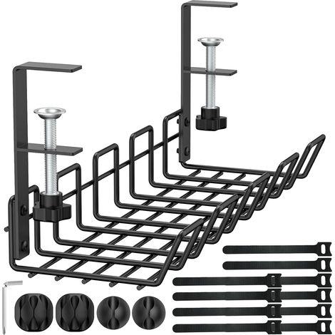 Cable Management Under Desk Tray No-Drill Desk Cable Organiser Wire Clamp for Cables and Power Strips Storage Management Metal Cable Tidy Basket for Office Home Standing Desk