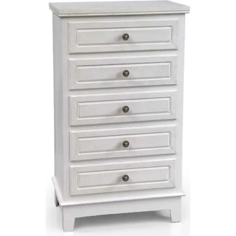 Commode bioclimatique en bois massif 55x32x95 cm, 5 tiroirs, finition blanc décapé