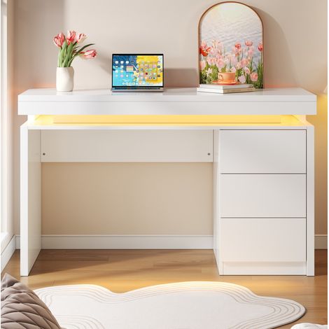 Bureau informatique 120x50x78.5 cm blanc en MDF avec LED multicolore et 3 tiroirs (1/5)