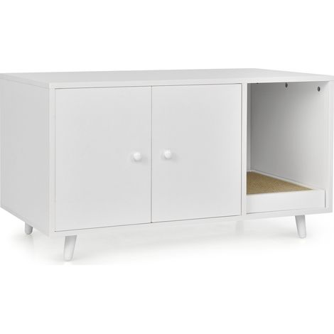 Meuble cache-litière blanc en MDF avec séparation et doubles portes magnétiques, griffoir et plateau pour salon, chambre, entrée (1/5)