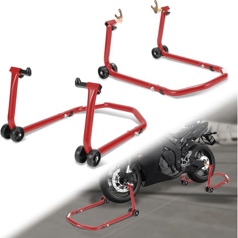 SWANEW Cavalletto per moto sollevatore per moto anteriore pneumatico posteriore su ruote con adattatori in gomma rossa e nera (1/5)