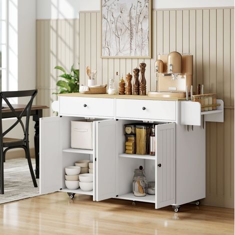 REDOM - Isla de cocina, 2 armarios, 2 cajones, porta toallas, porta cuchillos, especiero, MDF blanco (1/5)