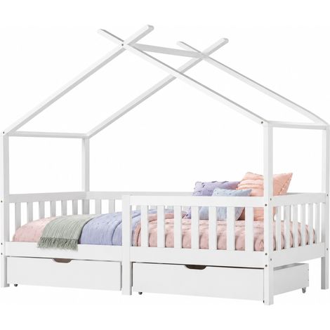 Lit cabane enfant 90x200 cm avec 2 tiroirs, barrières de sécurité, sommier à lattes et structure en bois de pin, blanc, pour chambre junior - CHICFURN (1/5)