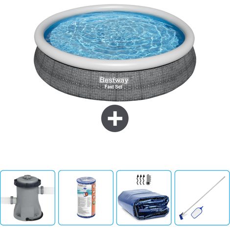 Piscine gonflable ronde Bestway à réglage rapide - Imprimé rotin - 366 x 76 cm - Comprend des Accessoires CB54 (1/4)
