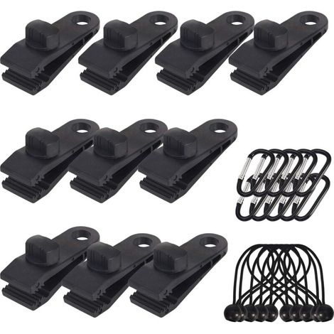 Paquete de 10 clips para lonas, soportes para lonas de exterior con cierre de lona y cordón elástico + mosquetón en forma de D para lonas, toldos, camping, caravanas y fundas para coches.