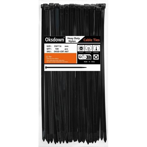 Colliers de serrage noirs 350mm x 7.6mm, lot de 100, résistance 55kg, UV (1/5)