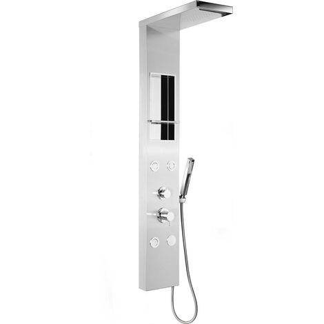 Colonne de douche hydromassante en acier inox brossé – 4 fonctions – Panneau avec miroir et étagère – Dimensions 22x143x50 cm – Metaform (1/5)