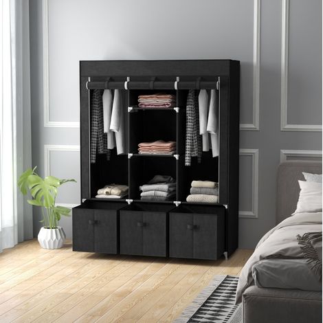 Armario de tela plegable con 3 cajones, 2 barras y 5 estantes 125 x 43 x 162,5 cm negro HAVRYA (1/5)