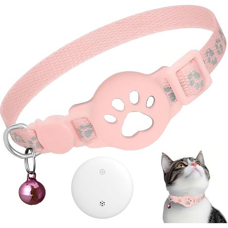 Collier pour chat, collier multifonctionnel pour chat avec AirTag, permettant de localiser votre animal, équipé d'un fermoir de sécurité et d'une sangle élastique, avec GPS (rose) (1/5)