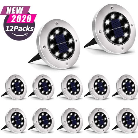 Lampes solaires de jardin à 8 LED, étanches, à encastrer dans le sol, pour pelouse, terrasse, allée, jardin, etc. - Blanc, lot de 12 (1/5)