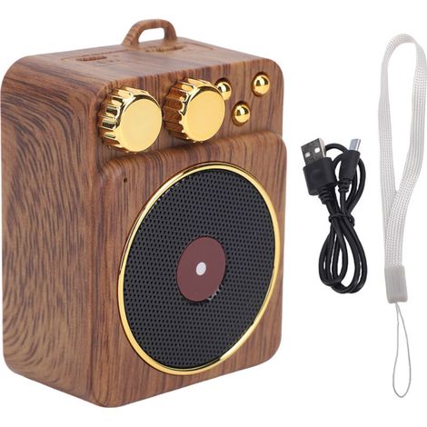 Retro Bluetooth V5.0 Music Speaker, Portable, Wireless, Magnetic Back, Wood Grain, Shiny Metal Buttons (1/5)