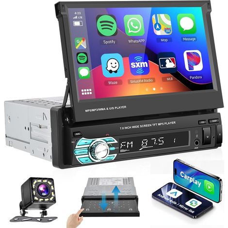 Autorradio 1 DIN compatible con CarPlay y Android Auto, pantalla táctil HD de 7 pulgadas con Mirror Link, cámara de visión trasera, controles en el volante, manos libres Bluetooth, radio FM, puerto US (1/5)