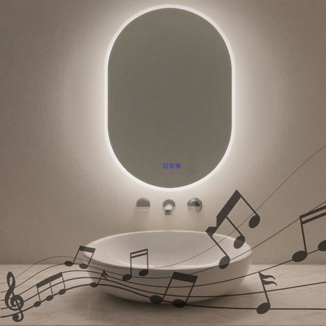 Oval LED Bathroom Mirror 500x700mm with Demister, Bluetooth Speaker, Touch Control, 3 Colour Lighting, IP44