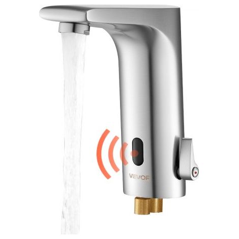 Grifo de Lavabo Cuadrado sin Contacto, en Forma L, Automático, Manos Libres, Ajustable, Monomando, Funciona con Pilas, Latón, Níquel Cepillado, Resistente a la Oxidación, 160 x 54 x 165 mm (1/5)