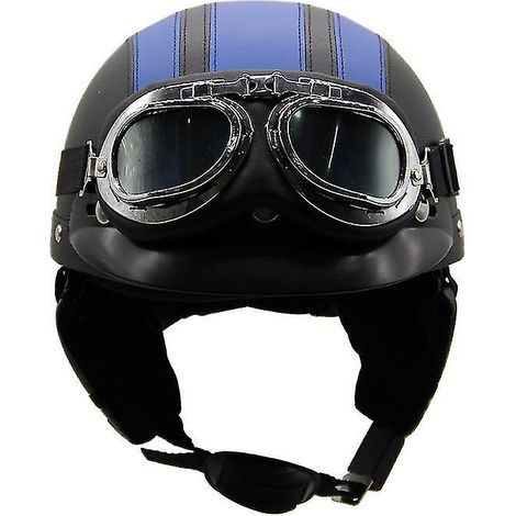 Casque de moto d'été léger en cuir style rétro Harley, avec lunettes de protection, demi-casque tendance, pour véhicules électriques, noir et bleu. (1/3)